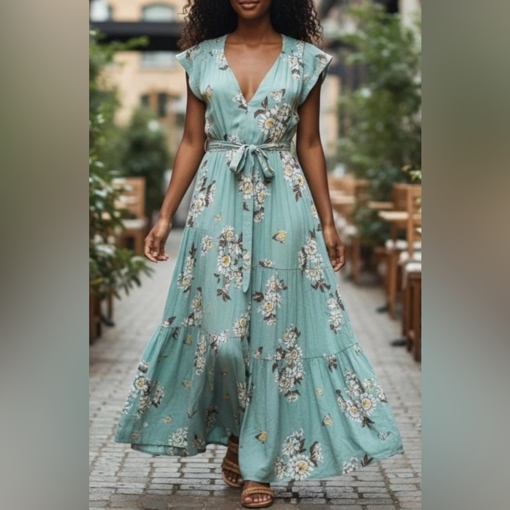 Free People Seafoam Floral Tie-Waist Maxi Dress